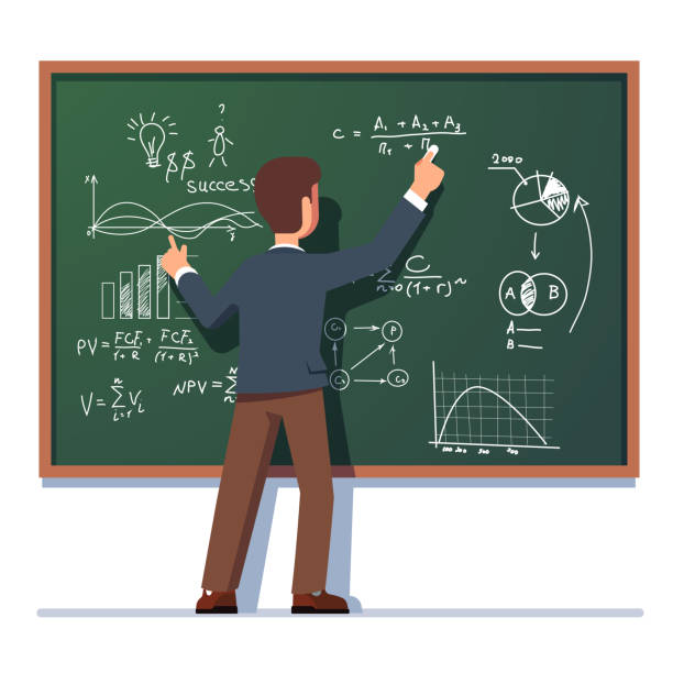 Business school professor teaching explaining and writing formula on chalkboard. Business man teacher standing at class blackboard. Flat style isolated vector character illustration on white background.