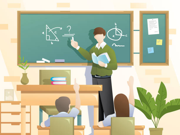 Young man teacher work with students in school lesson concept. Student learn in classroom cartoon vector illustration